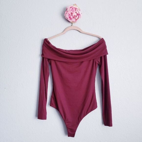AFRM Nia Burgundy Ribbed Off‎ The Shoulder Bodysuit - Picture 1 of 5